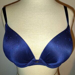 Victoria's Secret Size 34 DD Dark Blue Sparkle PLUNGE Padded Underwire Jeweled
